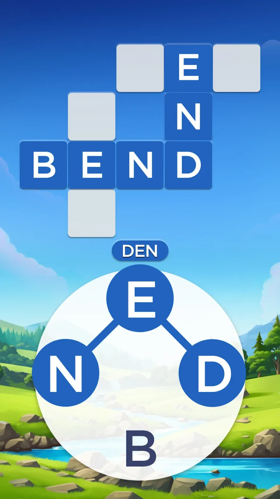 Words of Wonders keresztrejtvény alkalmazás androidon: betűkorong és a rácsba illesztett BEND szó